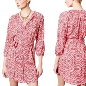 Anthropologie Maeve Red White Ikat Frequencies Medium Shirtdress